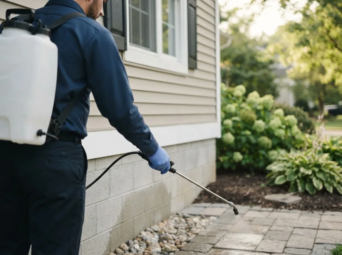 Pest control technician inspecting a home in Powell, MO